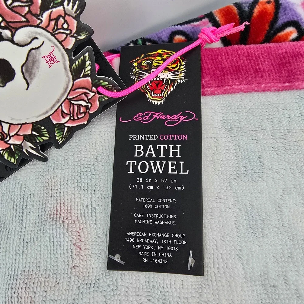 Ed Hardy Pink Skull Butterfly Rose Tattoo Print Cotton Bath Towel New NWT 28x52